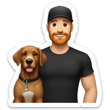 A handsome man in a black T-shirt and a black cap and with a red beard with a black Labrador dog sticker