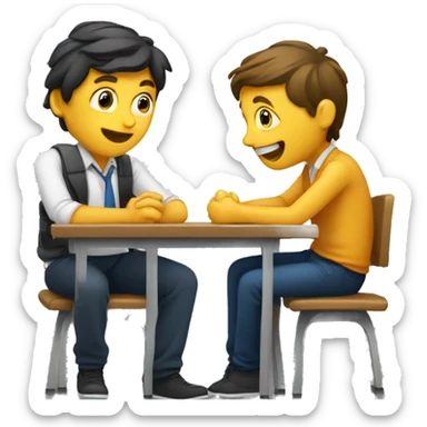 European students sitting at desks. They are talking to each other sticker