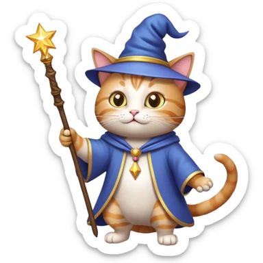 cat wizard with magic wand casting spell sticker