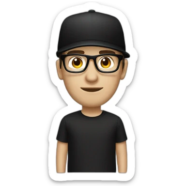 Caucasian man, with a black cap, glasses, and black t-shirt with a drummer player sticker