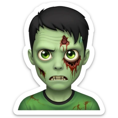 Zombie Emoji AppleIOS Style, lowfade Black Hair, and Black T-shirt, Green Skin, normal expression sticker