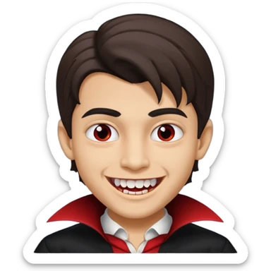 hispanic boy, medium length hair, vampire teeth sticker