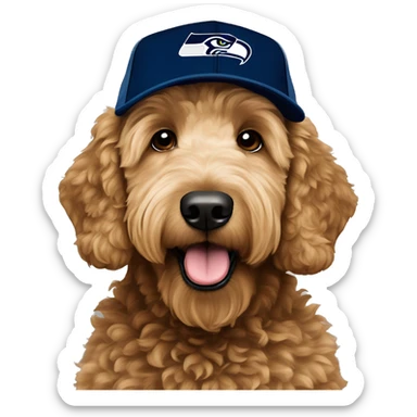 Golden doodle with Seattle Seahawks baseball cap Hat sticker