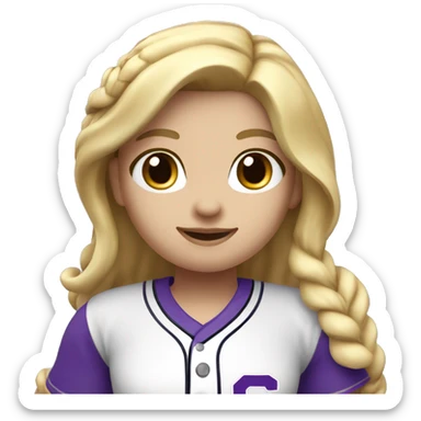 baseball card character. Blonde female long shoulder length hair. letter C logo. white and purple uniform. sticker