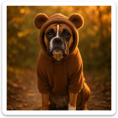 perro bóxer sentado, mirada tierna, buzo con capucha de orejas de osito marrón, iluminación golden hour, entorno natural con follaje, general style sticker