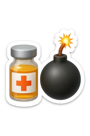 emoji stile iphone 3d di una fiala medica con una bomba vicino, fluttuano in aria insieme, FALLO MOLTO REALISTICO IN 3D sticker