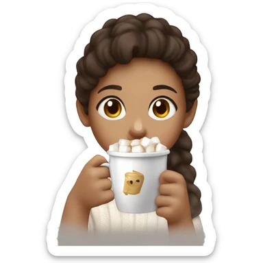 A New Year's cup with coffee and marshmallows in the hand of a light-skinned girl with dark brown hair in a white fluffy sweater sticker
