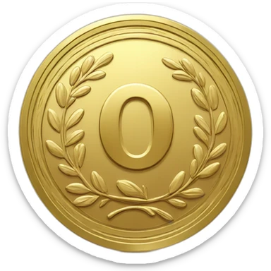 Golden round coin with large "0" label and little laurel sticker