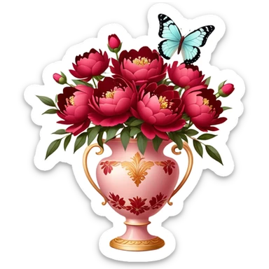 Delicate butterfly with Ruby and Wine Red wings perched on a Fiery Red bouquet of Peonies in an elegant Pastel Rose vase, bathed in warm, soft lighting. sticker