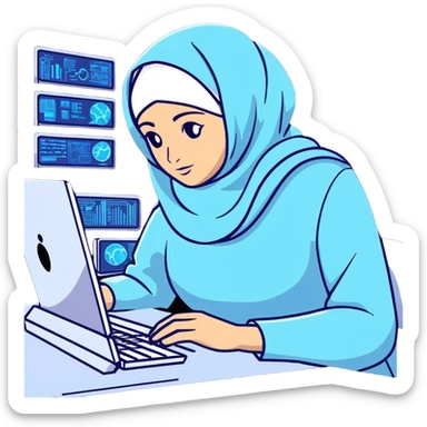 computer engineer with white hijab wearing blue clothes, working with multiple holographic screens showing digital world, virtual interfaces, metaverse elements sticker