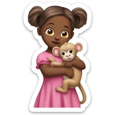 10 months old girl in a pink dress and ponny tail on top of her head with a monkey stuffed animal in her hands sticker