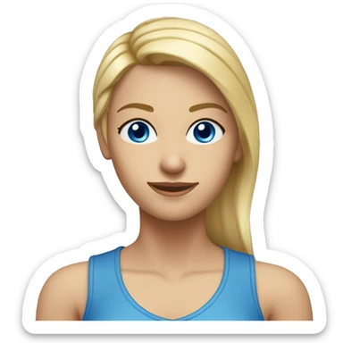 A head and shoulders shot of a 31 year old Caucasian woman, with straight blonde hair,   with blue eyes wearing a t-shirt. sticker