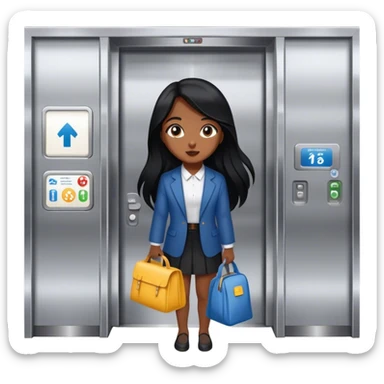Going down an elevator ready for work with lunchbox and tote bag girl with black long hair  sticker