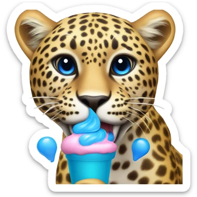 Create a a leopard eating blueberry ice cream and the leopard is flying with his blue wings sticker