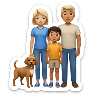 1 Father 1 Mother and 1 young boy who is half as tall as the parents, standing in front of their house with a dog next to them. Everyone should look VERY happy sticker