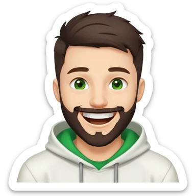 laughing guy with white hoodie, green eyes, dark brown undercut hairstyle and a short full beard sticker