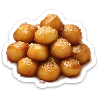 Greek loukoumades in a plate with honey drizzle and sesame seeds sticker