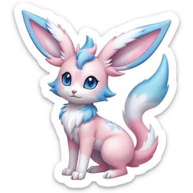 Feral Rare Fantasy cute realistic adorable pastel pink light-blue white iridescent Sylveon-Vernid-Sergal-hybrid by LiLaiRa, markings, tufted ears, full body sticker