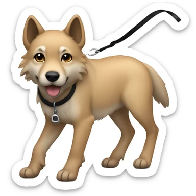 4 short legs a light brown puppy-like wolf with black  ears with black leash  is walking sticker