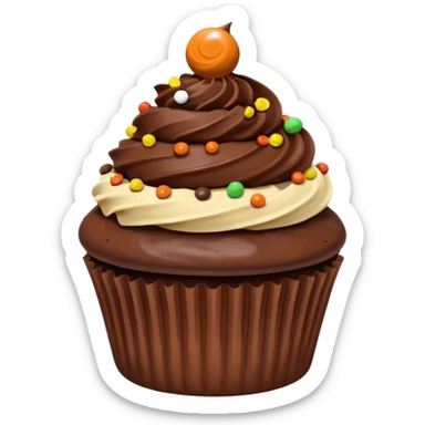 Cupcake that’s been chocolate round dipped with Reese’s pieces on top sticker