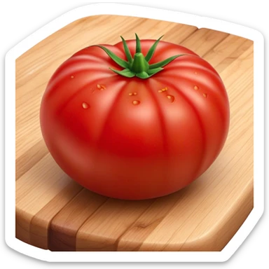 Cinematic juicy ripe tomatoe, deep red, slightly dewy, arranged on a wooden cutting board, soft glowing background, rich and flavorful. sticker