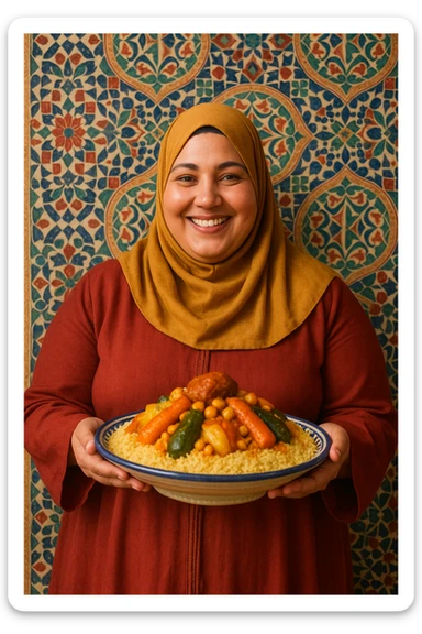 a Moroccan curvy woman with a plate of couscous, wearing a full hijab, smiling sticker