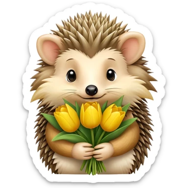 cute hedgehog holding a bouquet of yellow tulips sticker