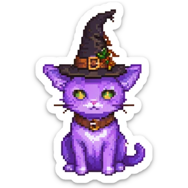 purple cat wearing a witch hat pixel art sticker