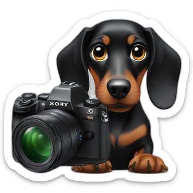 a black dachshund dog holds a SONY camera in his hands sticker