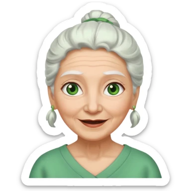 abuela con ojos verdes, pelo blanco, pelo blanco y amarrado, aspecto feliz sticker