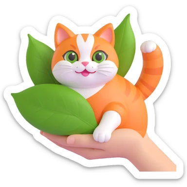 cute 3D iOS style illustration of a hand holding a chubby orange and white cat wrapped in a green leaf, happy expression, round adorable cat with big eyes and small mouth, playful bright 3D style sticker