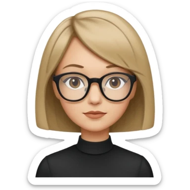 woman dark blonde petite bob haircut wears dark squarish glasses, classic clothes sticker