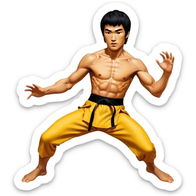 Cinematic Realistic Bruce Lee Portrait Emoji, depicted as a dynamic martial arts icon with an intense gaze and athletic physique caught in a fluid motion, rendered with vivid textures and energetic lighting that embodies his legendary prowess. sticker