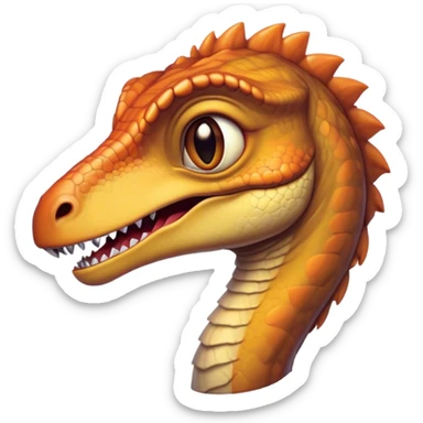 Cinematic Cute jurassic park Velociraptor Portrait Emoji, Head tilted playfully with a cheeky smirk, featuring a compact, agile form with smooth, dark scales and softened, expressive eyes that sparkle with mischievous charm, Simplified yet irresistibly adorable features, highly detailed, glowing with a warm, inviting prehistoric glow, high shine, affectionate and lively, stylized with a touch of whimsical dinosaur mischief, soft glowing outline, capturing the essence of a playful jurassic park Velociraptor that seems as if it could sprint out of the screen into your heart! sticker