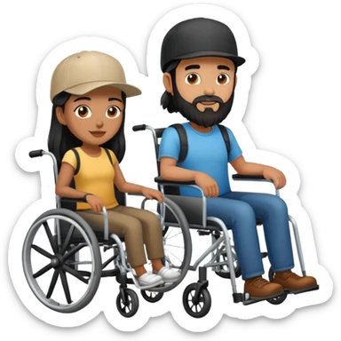 Beige skin man with a beard and cap in a wheelchair and a brown skin woman with long black hair in a wheelchair  sticker