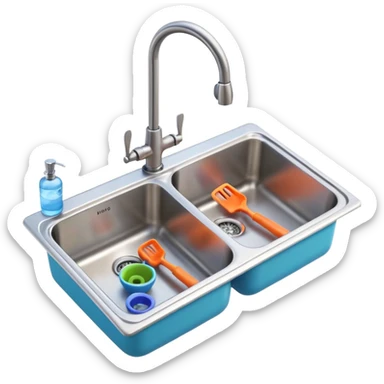 3D Pixar-style kitchen sink with a faucet and water running, some plumbing tools nearby, bright clean look, realistic but colorful, isolated on white

 sticker