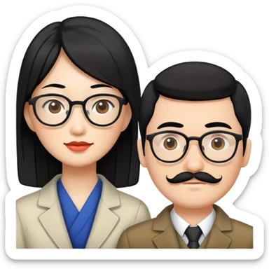 An Asian woman with black hair and a Russian guy with brown hair and mustache with glasses in Japan sticker