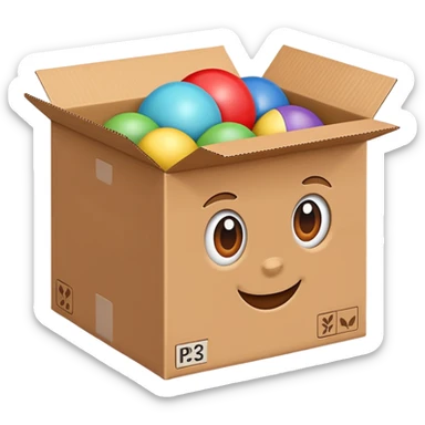 cardboard box with toys sticker