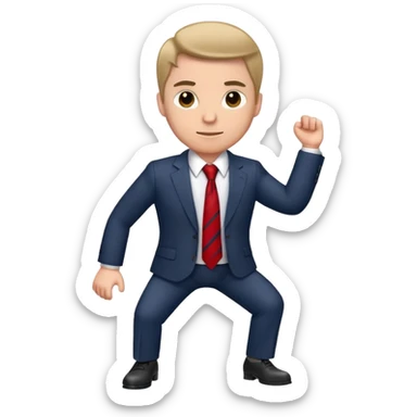 man wearing a dark blue-gray business suit with black horizontal stripes on the arms and legs, white shirt and red tie sticker