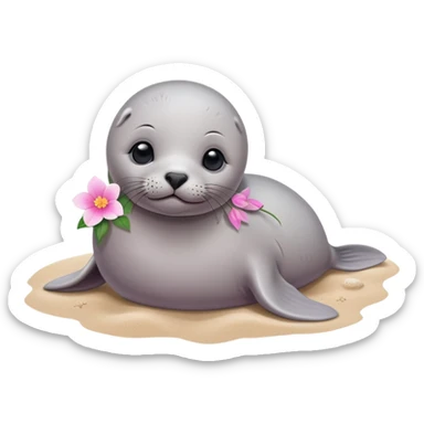 A small, slim baby seal resting gracefully on a sandy beach, with a delicate pink flower placed on its head.  Grey color sticker