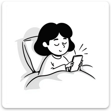 Girl lying in bed, wanting to sleep but not wanting to, staying up late playing with her phone sticker