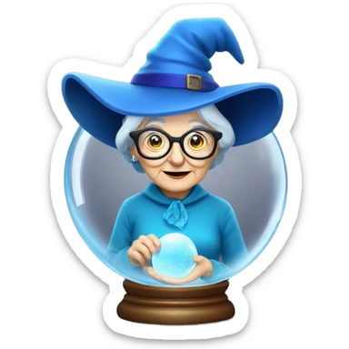 smart granny witch with glasses and blue hat in crystal ball sticker