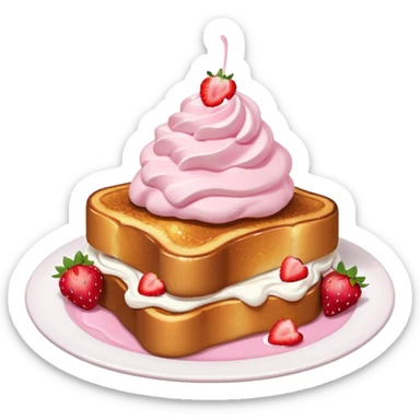 French toast with strawberry on top and pink whipped cream sticker