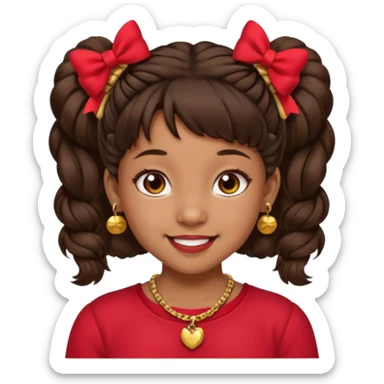 Brownskin girl dark brown hair fluffy. pigtails with red bows brown eyes smiling closed mouth red shirt gold esrrings gold necklace sticker