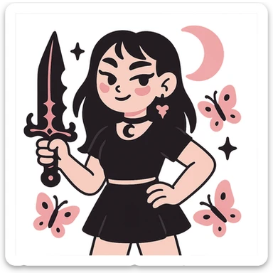 gothic knife, black and pink, with butterfly accents and crescent moon sticker