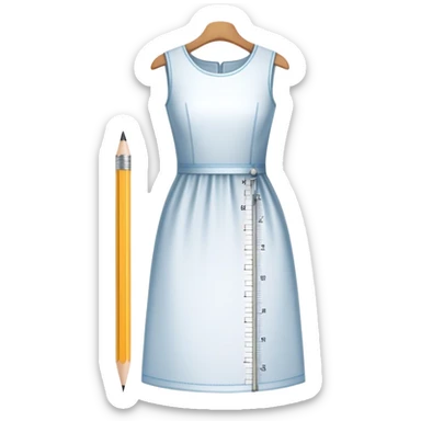 Icon for Fashion Design: a dress pattern with measurements, a ruler, and a pencil. The icon should represent the process of designing clothing with a focus on precision and tailoring. Transparent background. sticker