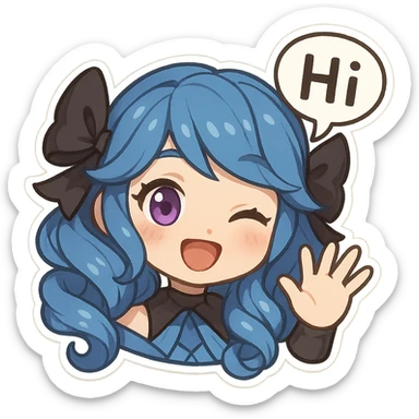 Gwen from League of Legends, hi emote, chibi style, only head, right eye purple, waving hand, sample 4 sticker