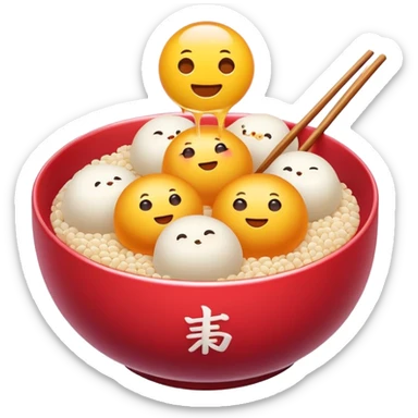Sweet glutinous rice balls in syrup bowl with sesame, simplified emoji style with bold outlines and bright colors, cartoon style Tangyuan dessert snack sticker