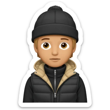A guy in a hat, black hoodie, and a puffer vest sticker