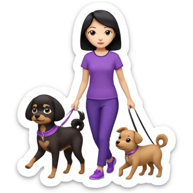 black hair Chinese woman wearing purple top and black pants walking 1 small brown dog sticker